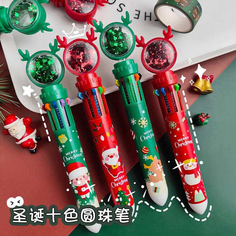 Bolpoin Pulpen Kombinasi 10 Warna Motif Natal Santa Rudolf Karakter Lucu DCA0944