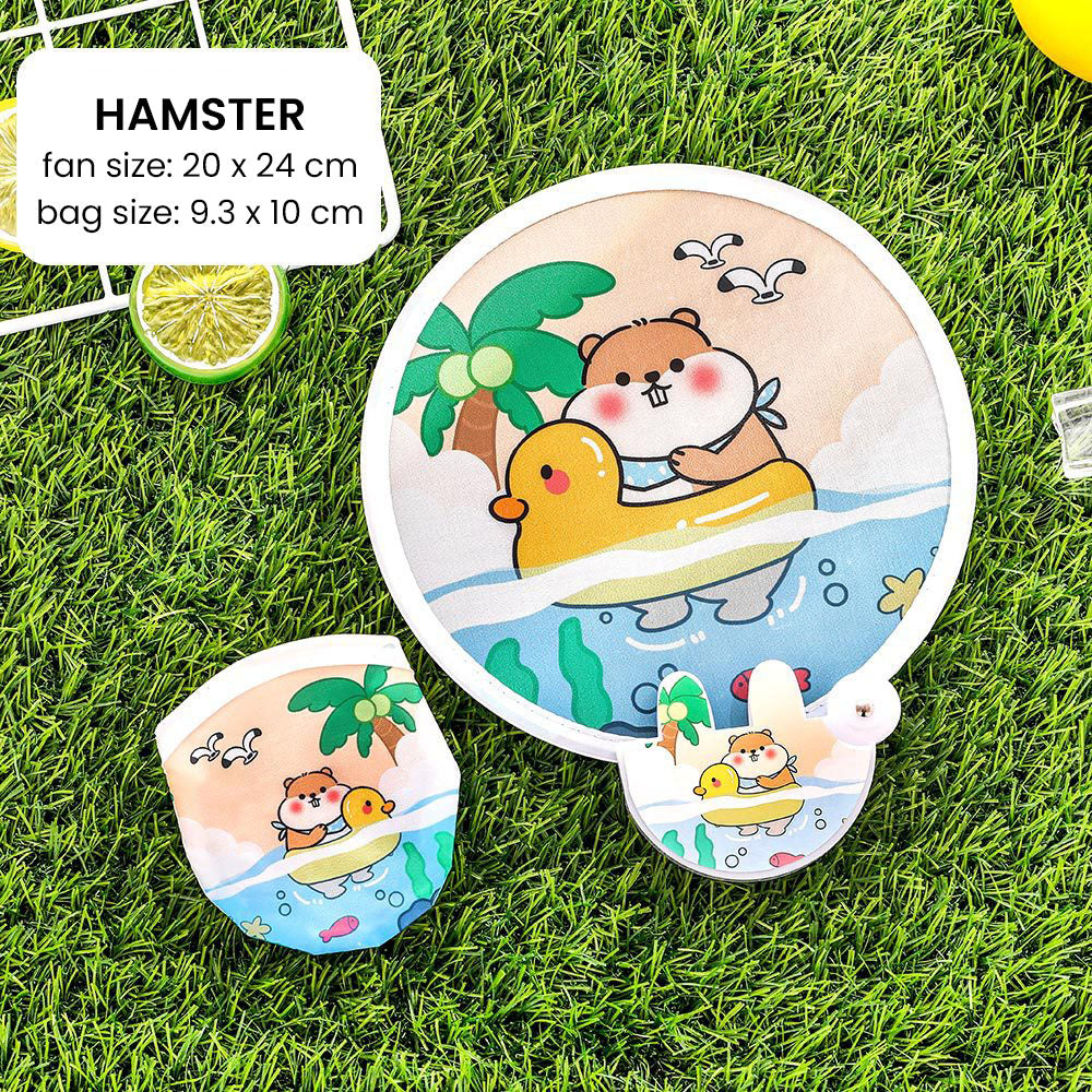 Kipas Tangan Lipat Bulat Tas Mini Folding Fan Portable Karakter Lucu