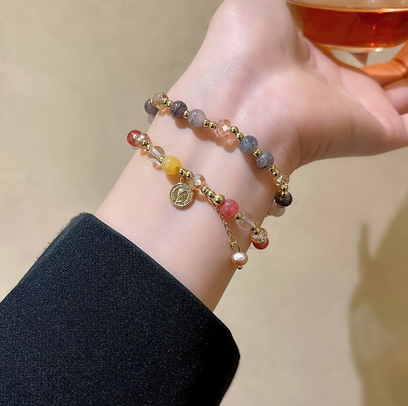 Bracelet Retro Baroque Pearl Portrait Round Plate Double Layer HXBS0397