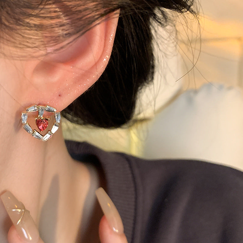 Earring Stud Luxury Niche Hollow Red Zircon Heart Love HXEA0829