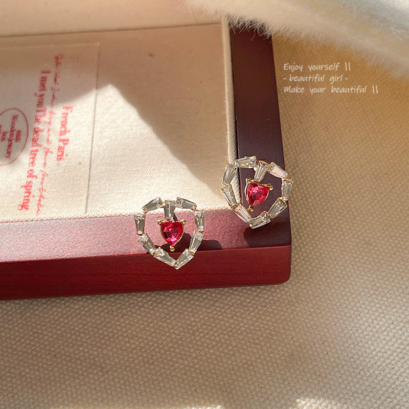 Earring Stud Luxury Niche Hollow Red Zircon Heart Love HXEA0829