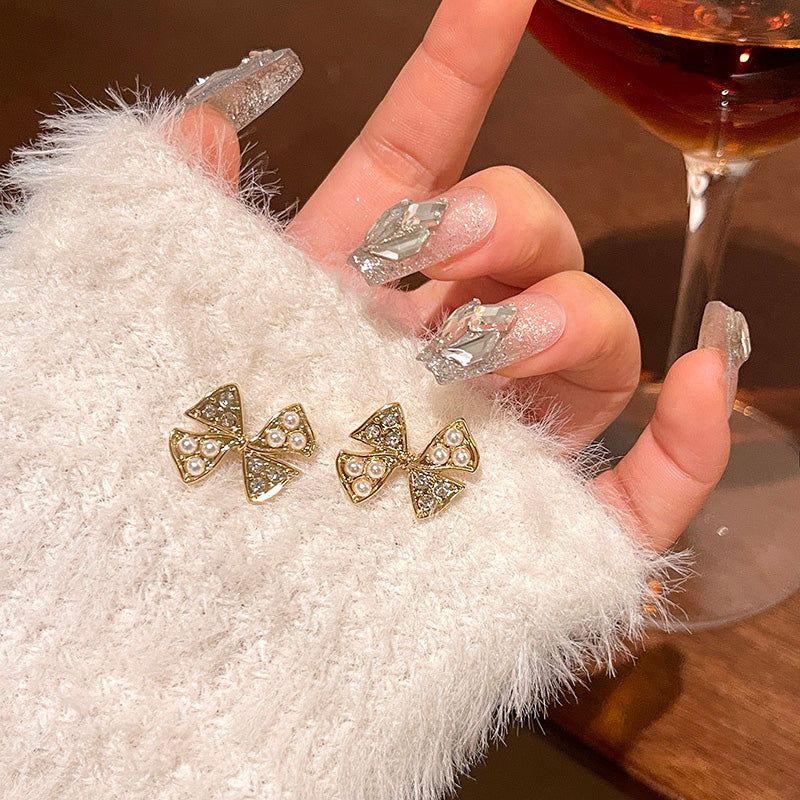 Earring Stud Light Luxury Niche Simple Bow Pearl HXEA0856