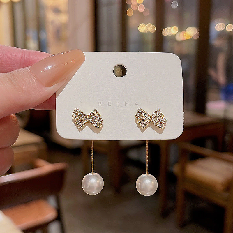 Earring Stud Full Diamond Bow Tassel Pearl HXEA1001