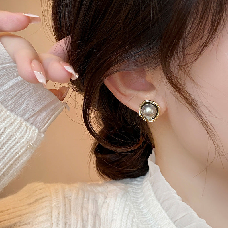 Earring Stud Simple Retro Silver Gray Pearl HXEA1412