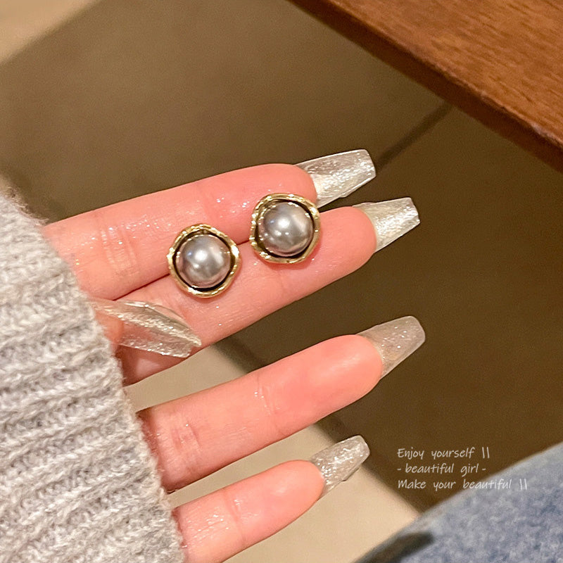 Earring Stud Simple Retro Silver Gray Pearl HXEA1412