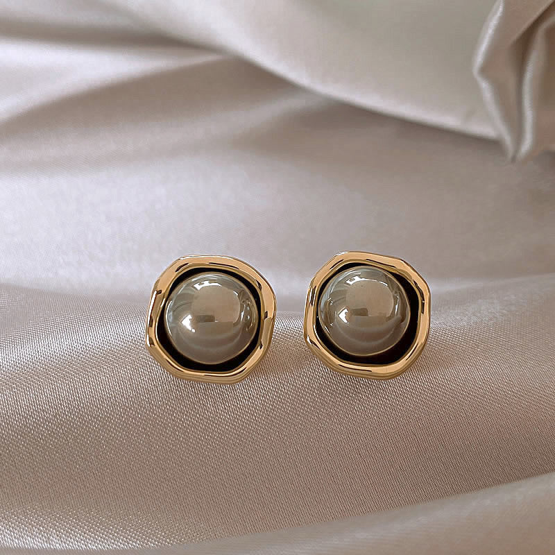 Earring Stud Simple Retro Silver Gray Pearl HXEA1412