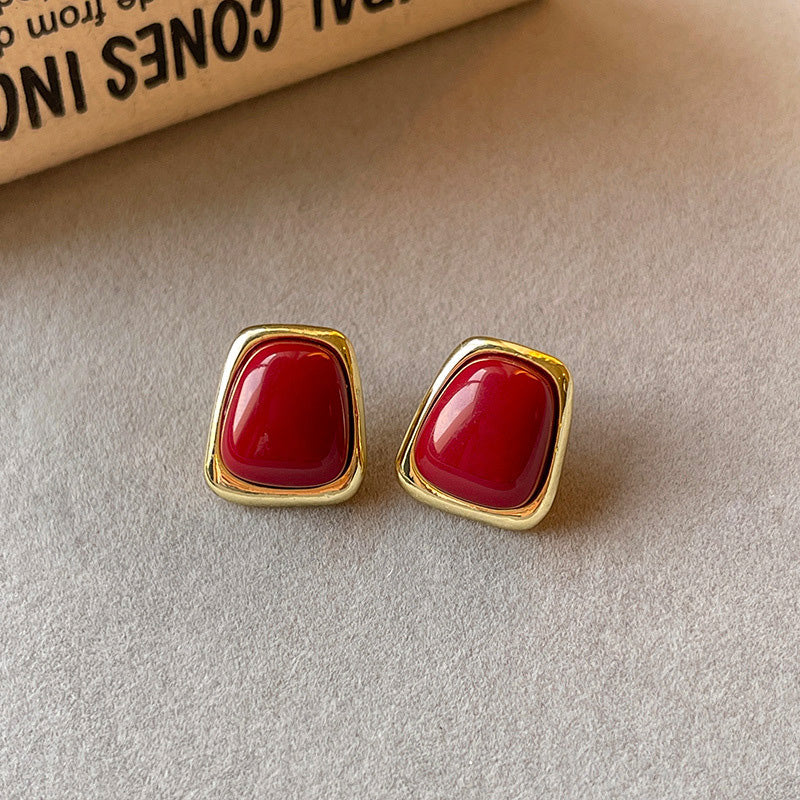 Earring Stud Retro Hong Kong Style Simple Geometric Red Drip Glaze HXEA1466