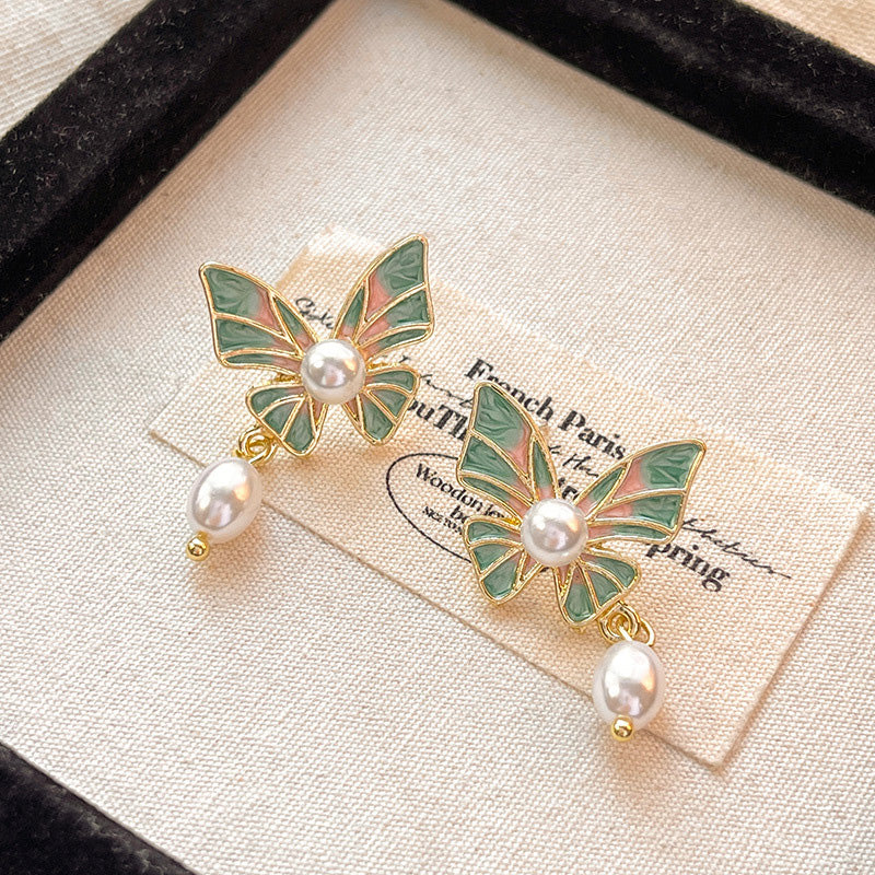 Earring Stud Retro Enamel Butterfly Pearl HXEA1510