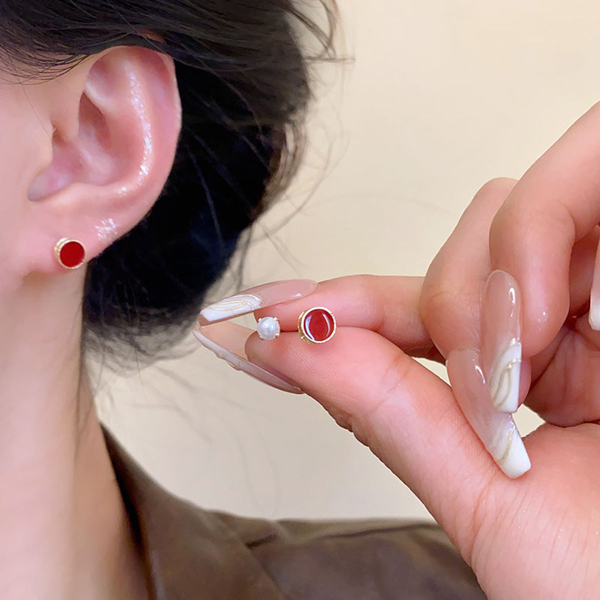 Earring Stud Simple Pearl Temperament Red Geometric HXEA1512