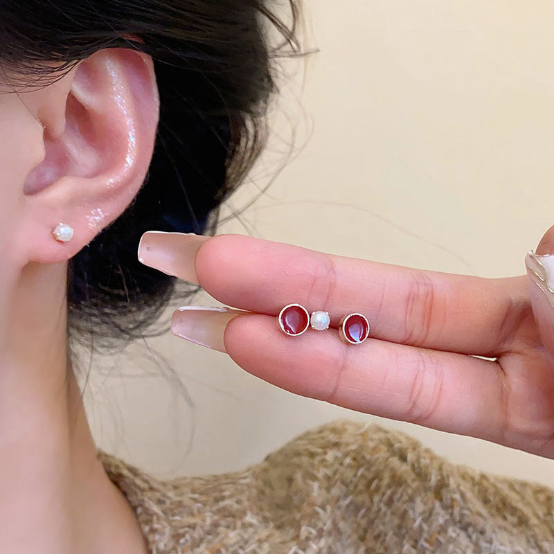 Earring Stud Simple Pearl Temperament Red Geometric HXEA1512