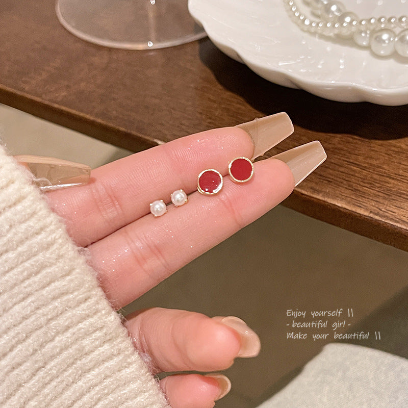 Earring Stud Simple Pearl Temperament Red Geometric HXEA1512