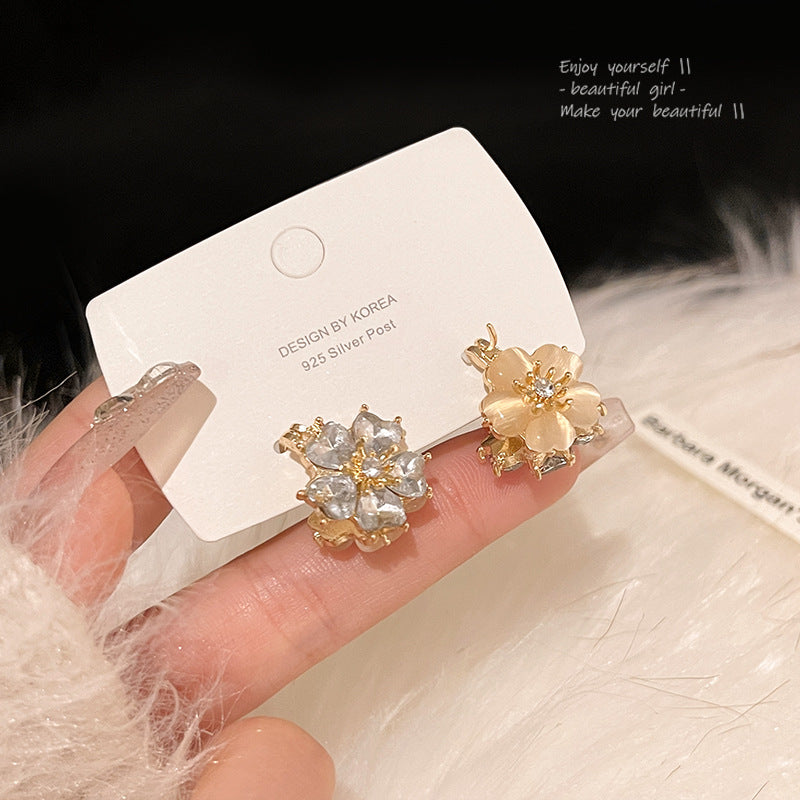 Earring Buckle Exquisite Double Sided Cat's Eye Stone Zircon Flower HXEA1580