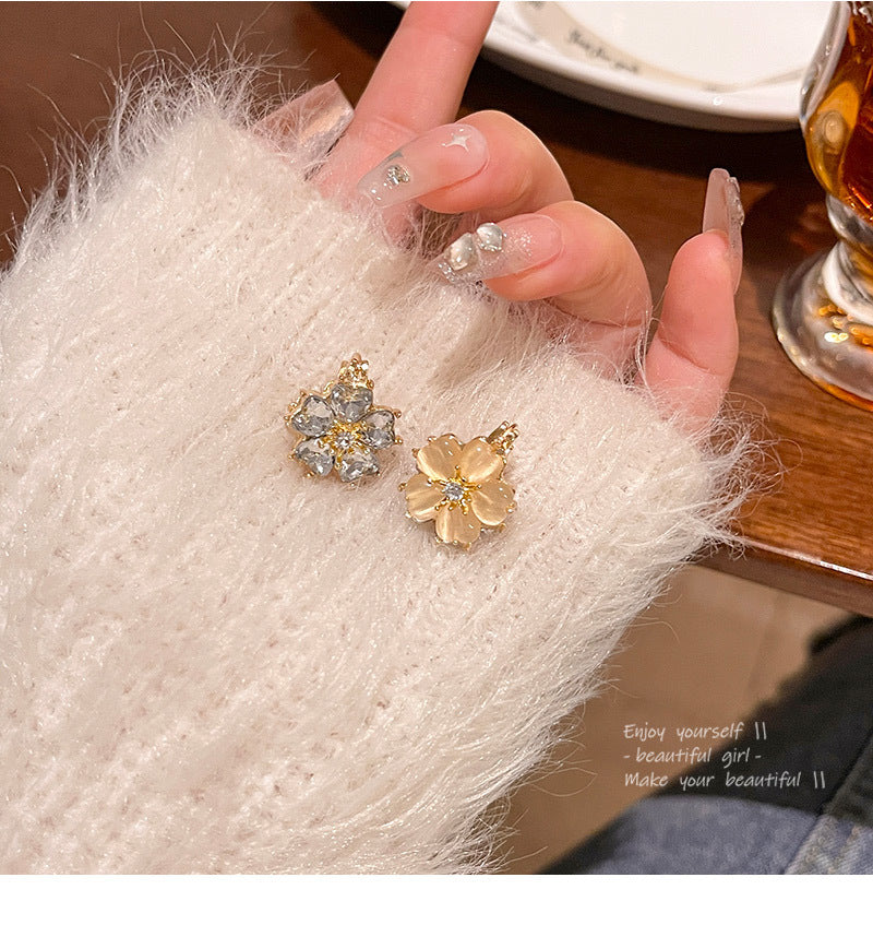 Earring Buckle Exquisite Double Sided Cat's Eye Stone Zircon Flower HXEA1580