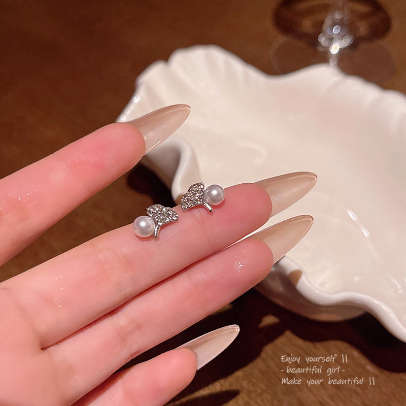 Earring Stud Cold Style Simple Ginkgo Leaf Pearl HXEA1786