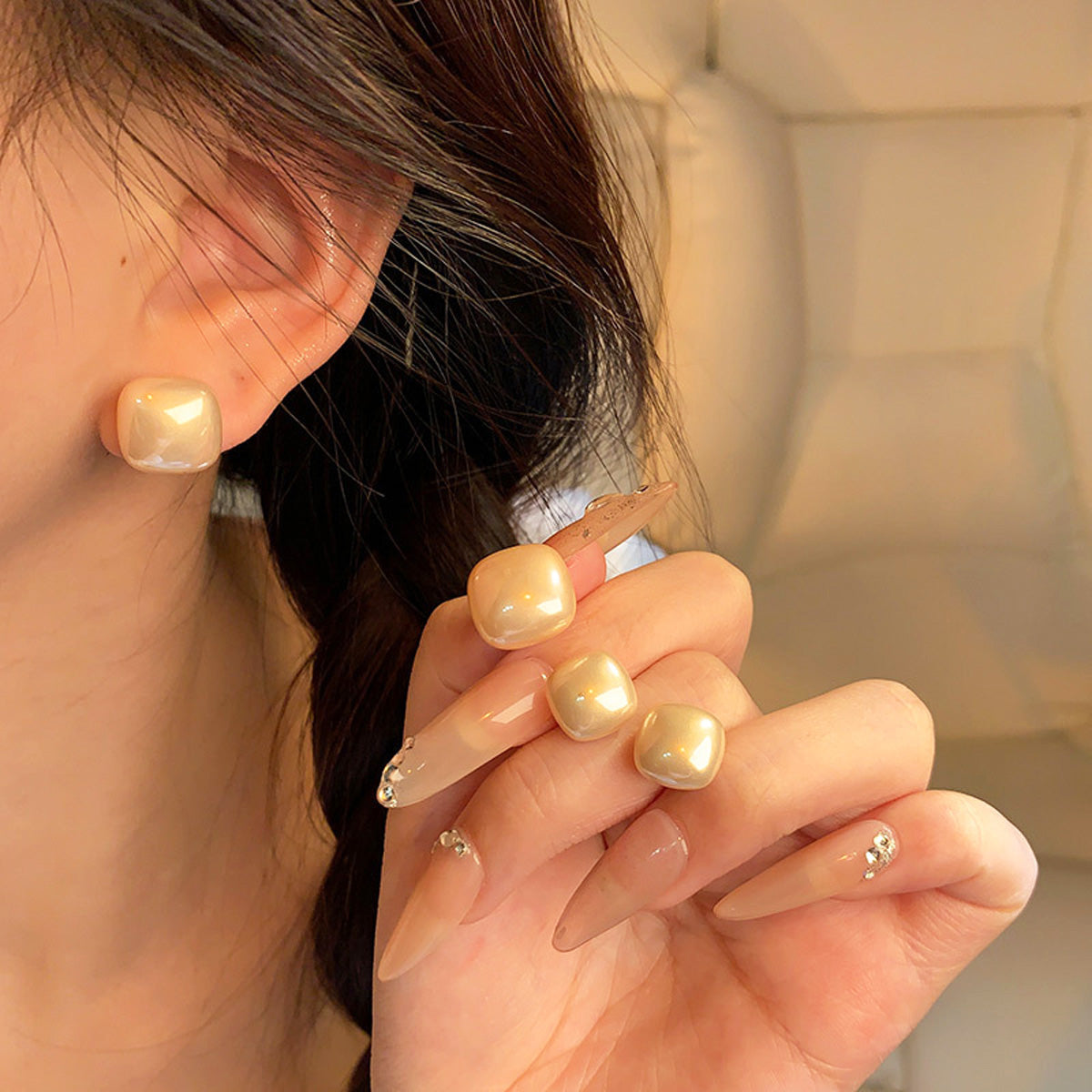 Earring Stud Simple Temperament Square Sugar Cube Pearl HXEA1821