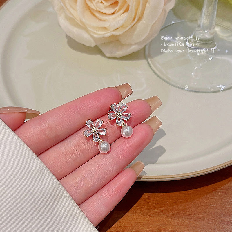 Earring Stud Niche Exquisite Zircon Flower Pearl HXEE6025