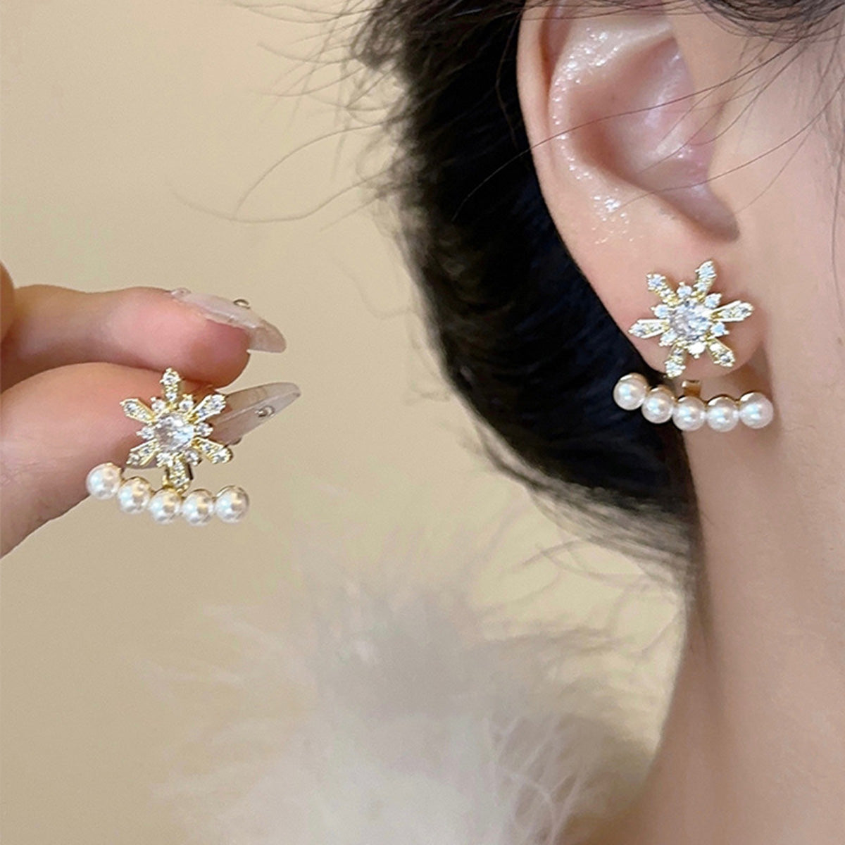 Earring Stud High Grade Zircon Snowflake Pearl HXEE6260
