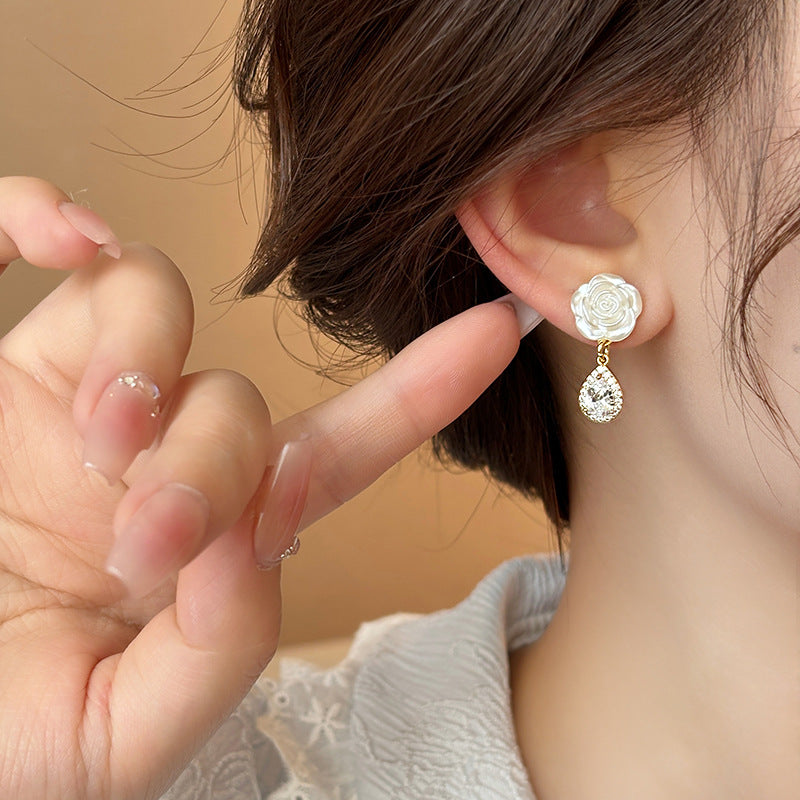 Earring Stud Camellia Flower Niche Water Drop Shaped Zircon HXEE6263