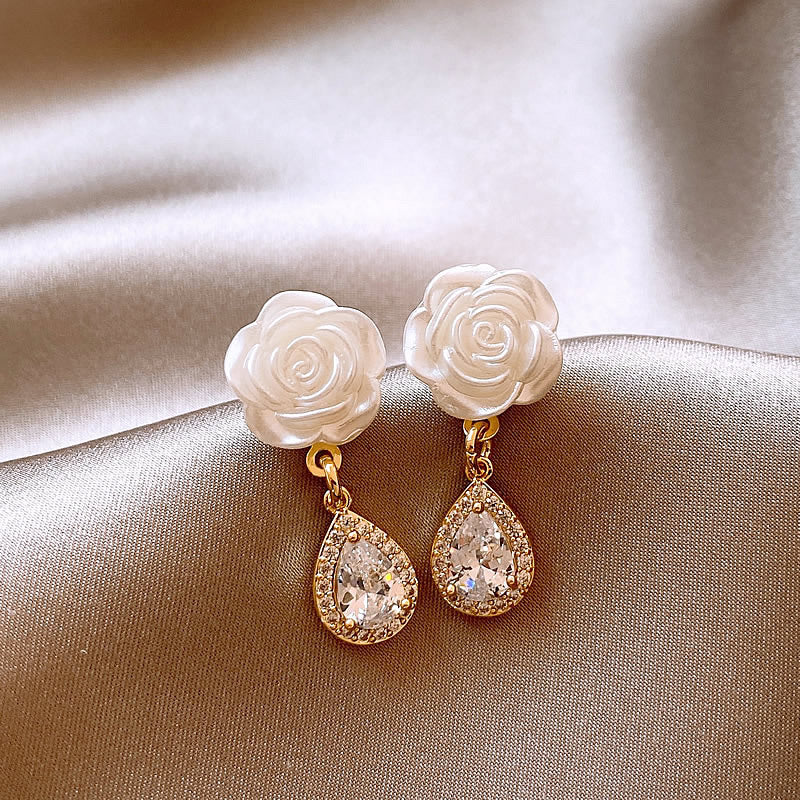 Earring Stud Camellia Flower Niche Water Drop Shaped Zircon HXEE6263