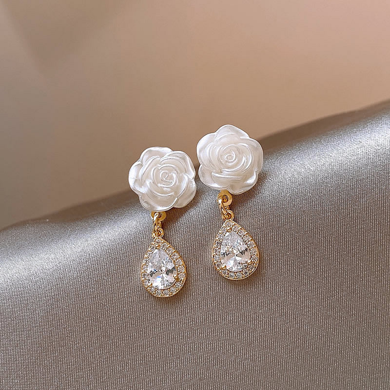 Earring Stud Camellia Flower Niche Water Drop Shaped Zircon HXEE6263