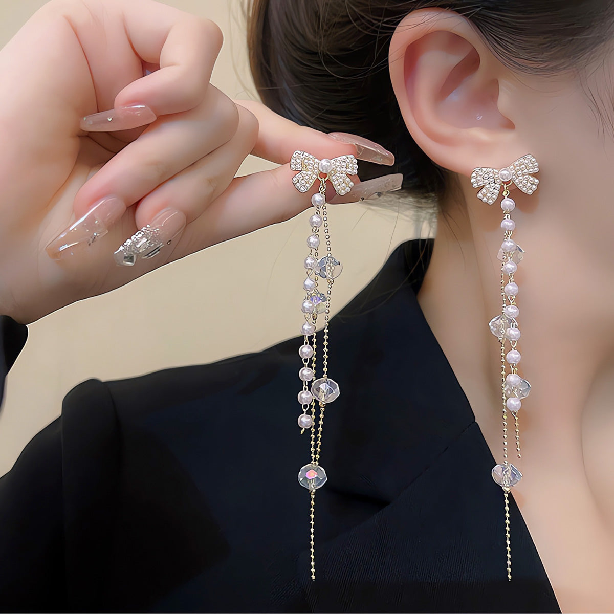 Earring Stud Long Tassel Bow Pearl HXLA0618