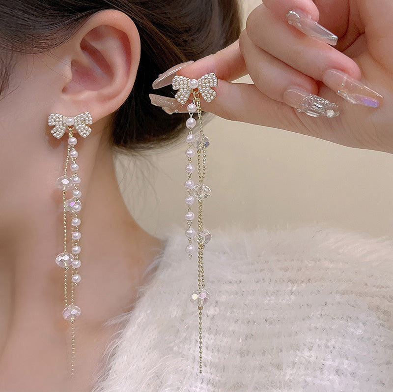 Earring Stud Long Tassel Bow Pearl HXLA0618