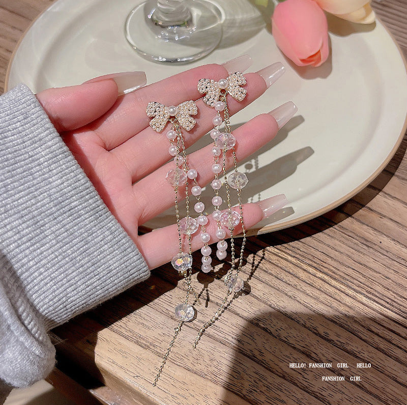 Earring Stud Long Tassel Bow Pearl HXLA0618