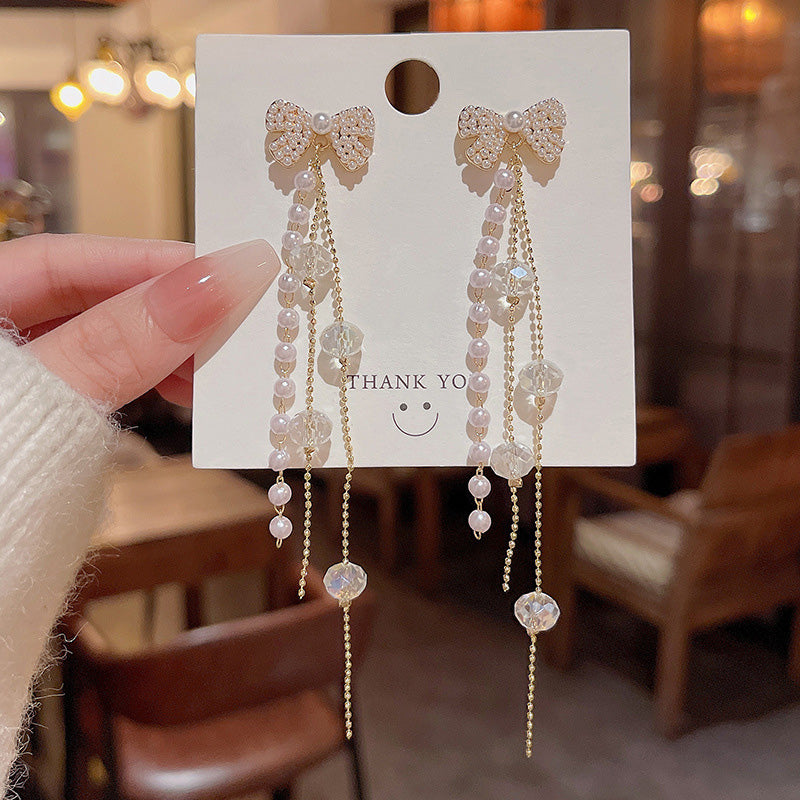 Earring Stud Long Tassel Bow Pearl HXLA0618