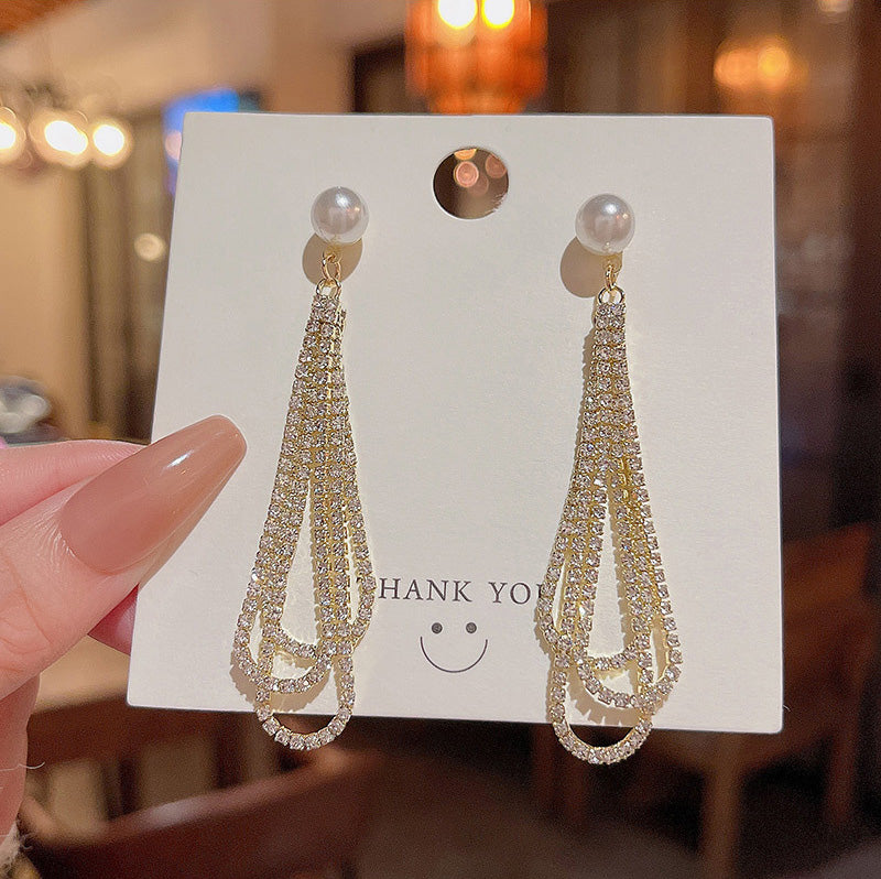 Earring Stud Long Tassel Diamond Drop Shaped HXLA0858