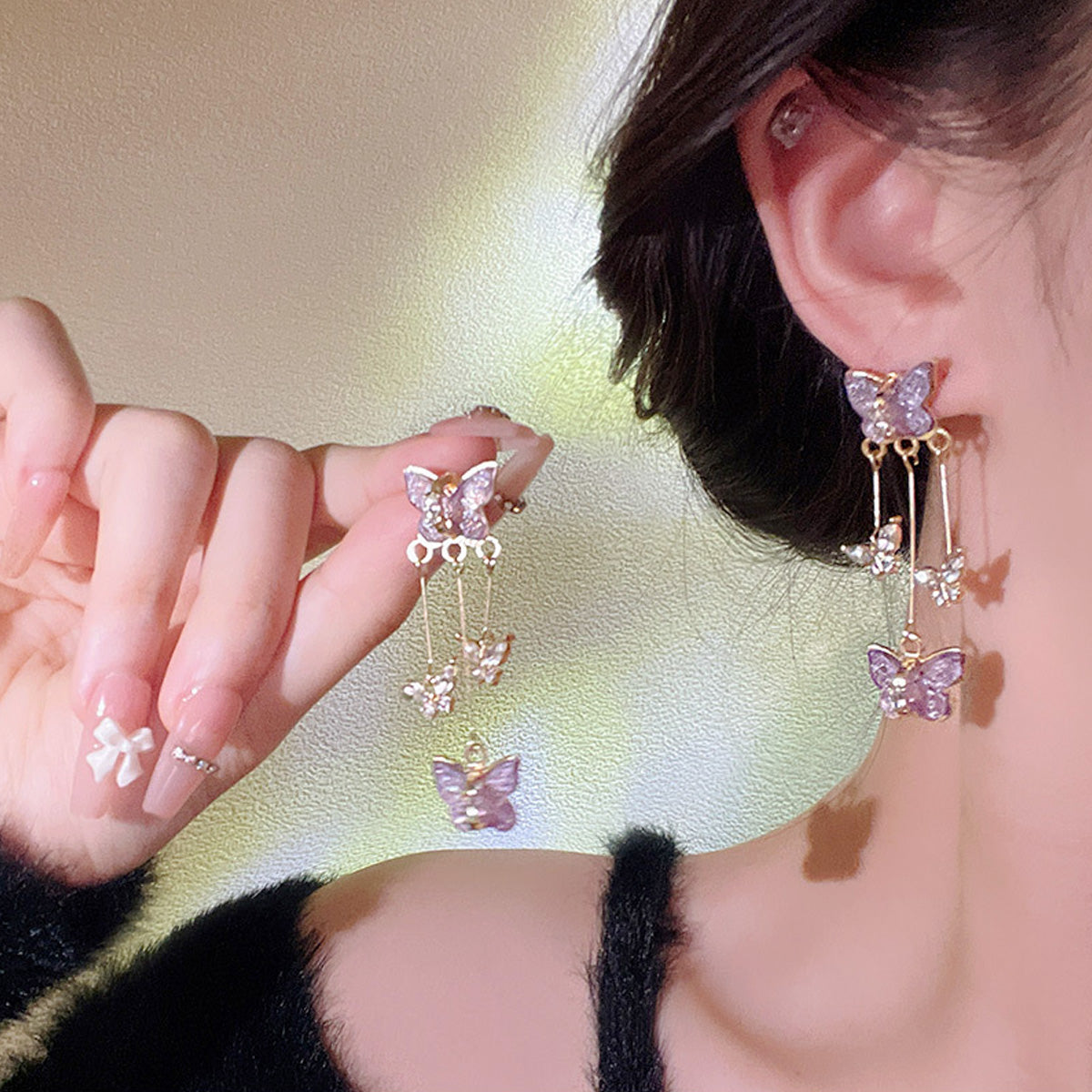 Earring Stud Long Super Fairy Purple Butterfly Tassel HXLA1042