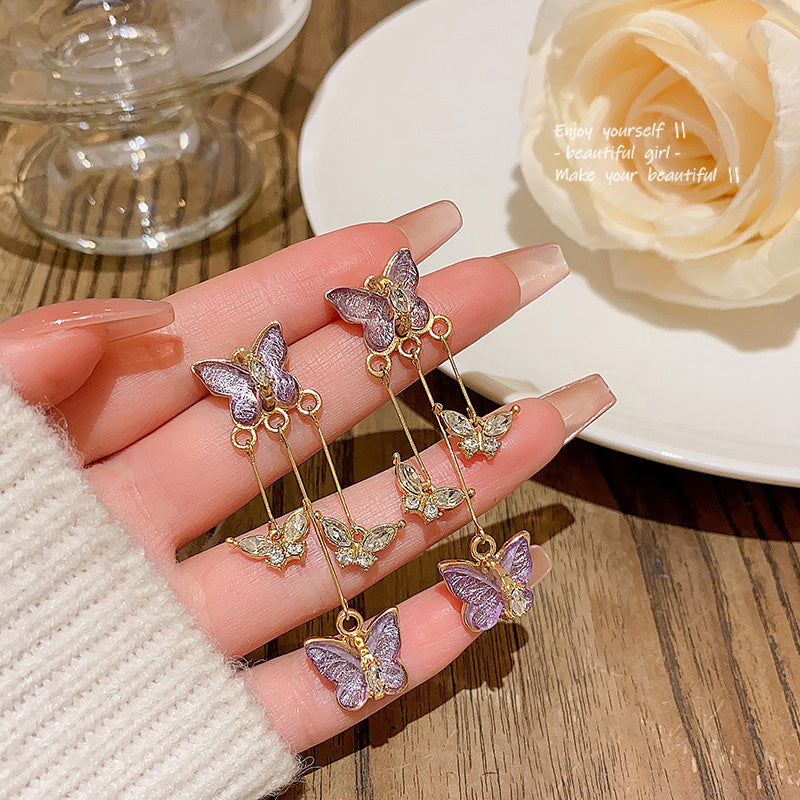 Earring Stud Long Super Fairy Purple Butterfly Tassel HXLA1042