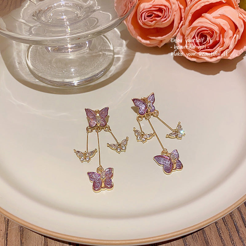 Earring Stud Long Super Fairy Purple Butterfly Tassel HXLA1042