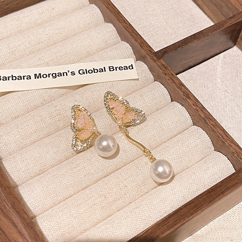 Earring Long Asymmetric Crystal Butterfly Pearl HXLA1514