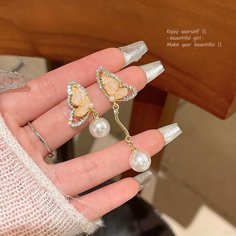 Earring Long Asymmetric Crystal Butterfly Pearl HXLA1514