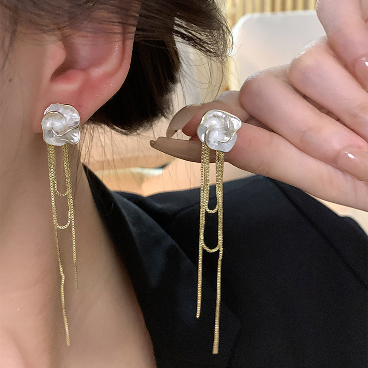 Earring Long Tassel Camellia Flower HXLA1589