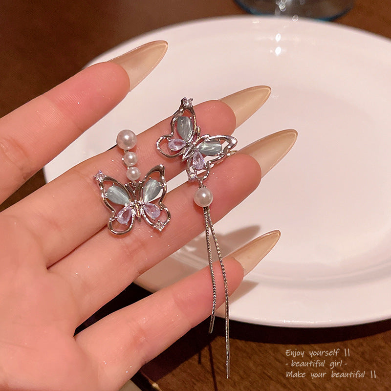 Earring Stud One Long Asymmetrical Butterfly Pearl HXLA1776
