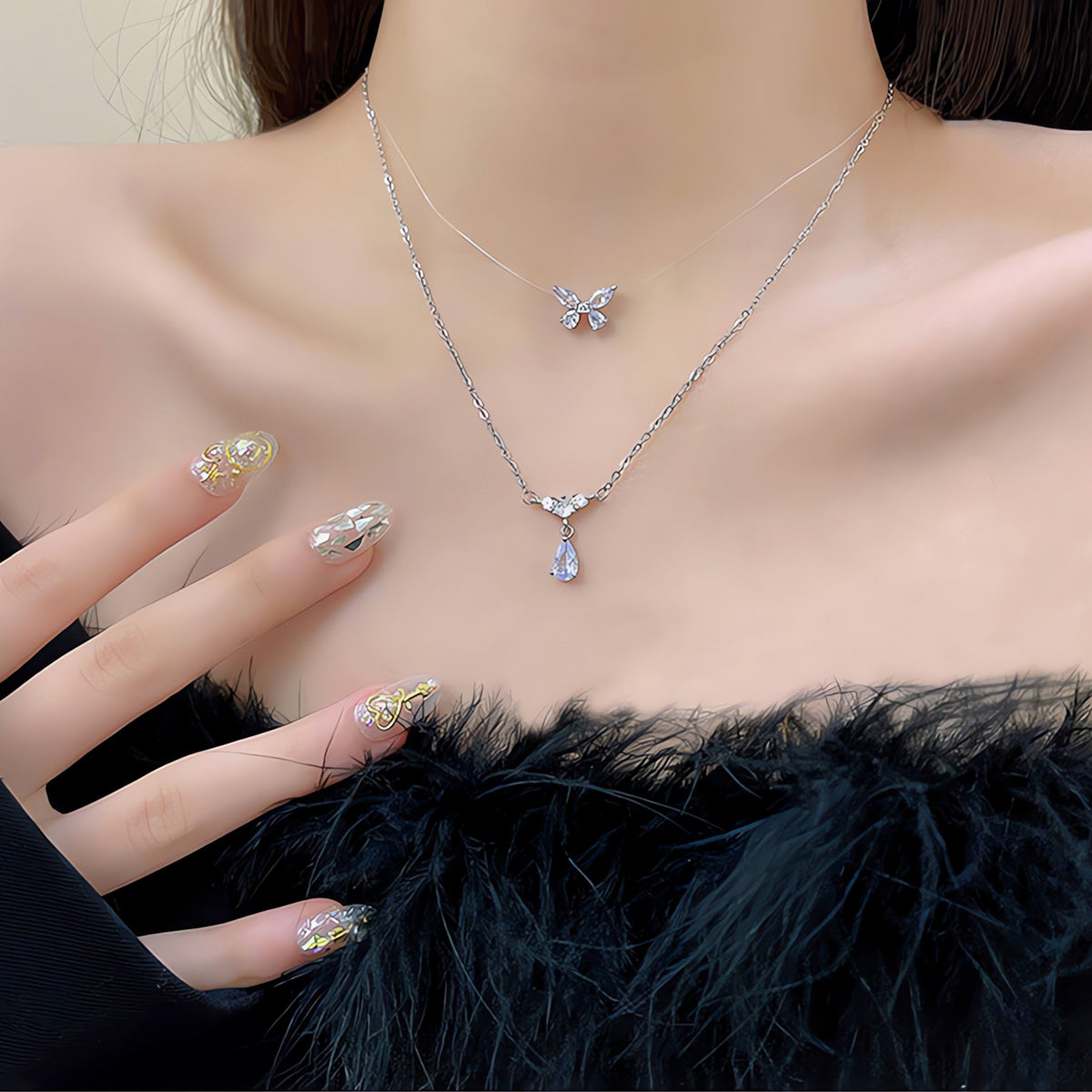 Necklace Double Layer Zircon Butterfly Drop Shaped HXNX1020