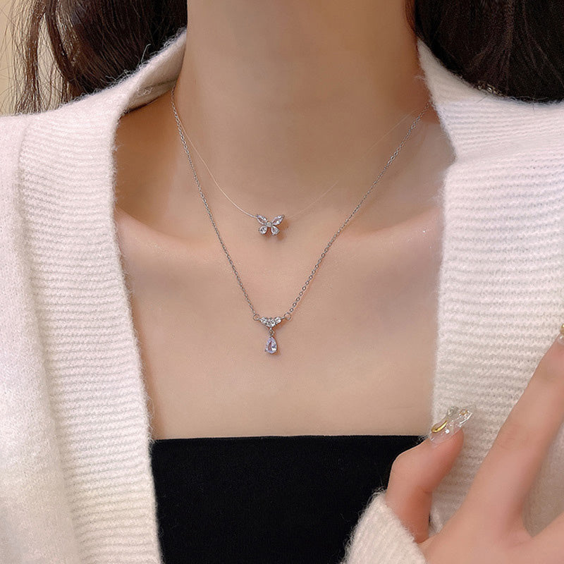 Necklace Double Layer Zircon Butterfly Drop Shaped HXNX1020