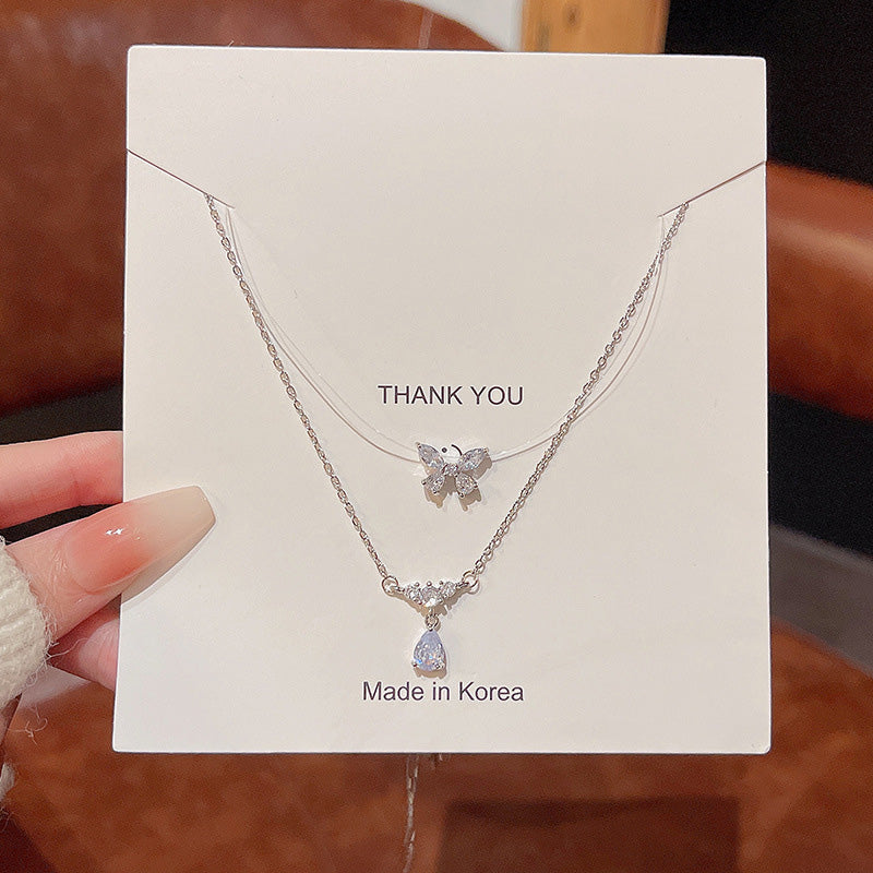 Necklace Double Layer Zircon Butterfly Drop Shaped HXNX1020