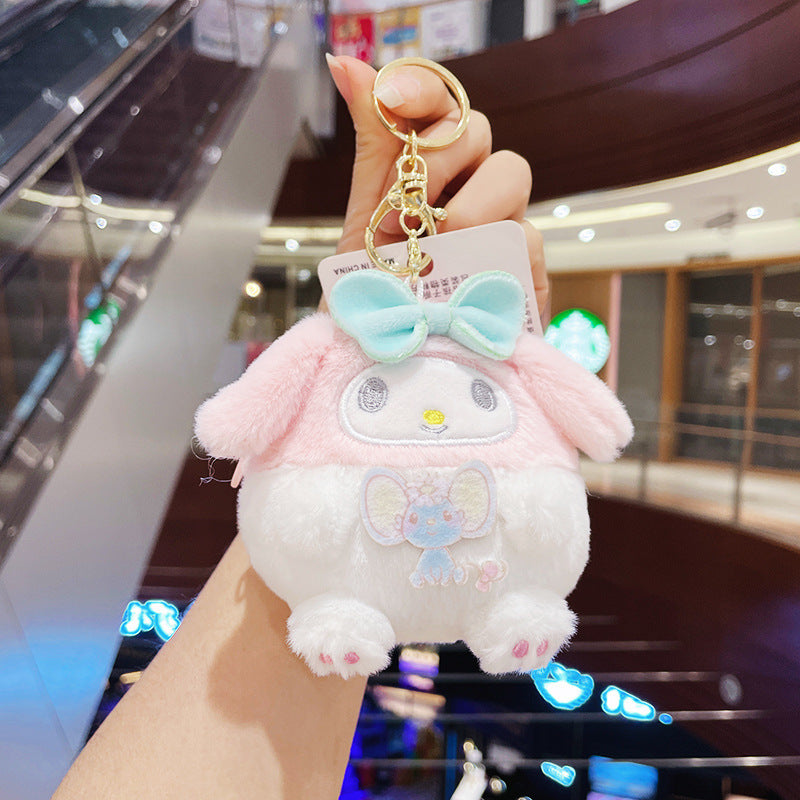 Gantungan Kunci Dompet Bulu Boneka Sanrio Karakter Kitty Kuromi Melody Stella Ball Lucu