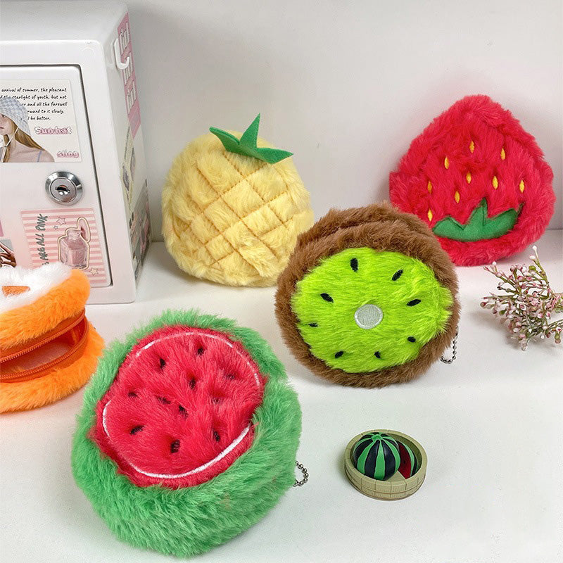 Dompet Koin Bulu Buah Fluffy Semangka Strawberry Kiwi Resleting Pouch Lucu MCEB4303