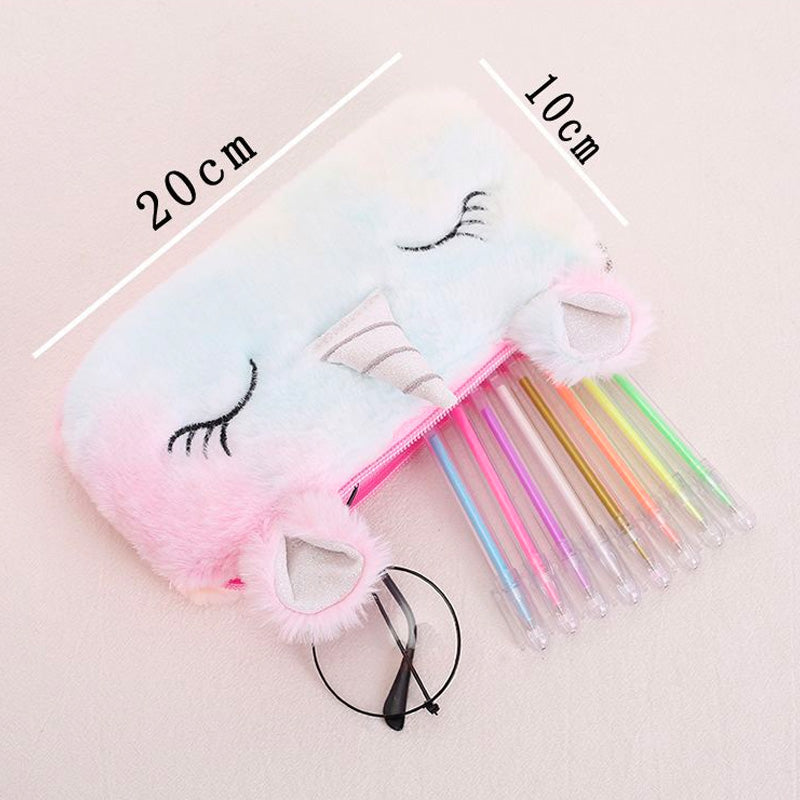 Dompet Tempat Pensil Bulu Muka Unicorn Tanduk Warna Gradasi