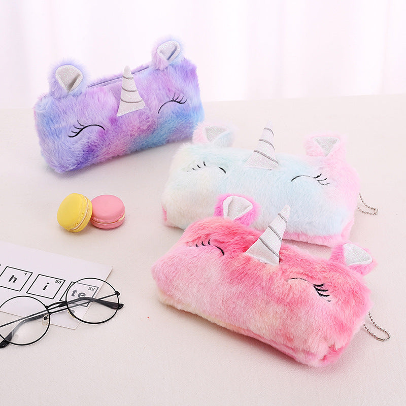 Dompet Tempat Pensil Bulu Muka Unicorn Tanduk Warna Gradasi