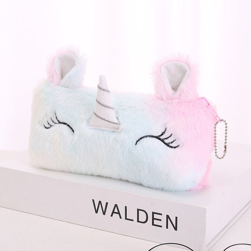 Dompet Tempat Pensil Bulu Muka Unicorn Tanduk Warna Gradasi