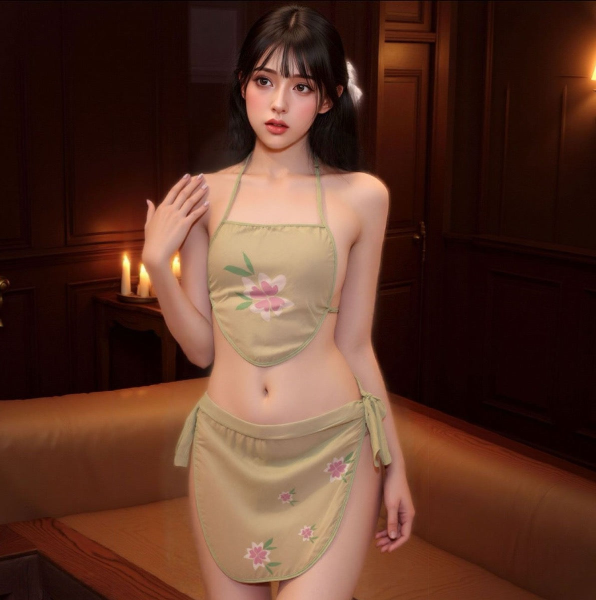 Lingerie Two Pieces Camisole and Apron Flower Pattern UC1215
