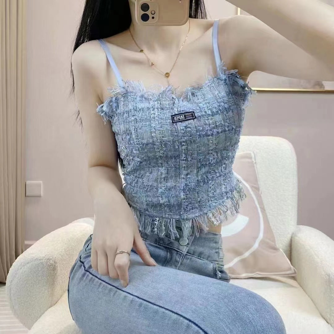 Tank Top Bra Slim Vest Plaid Tassel WUT2258