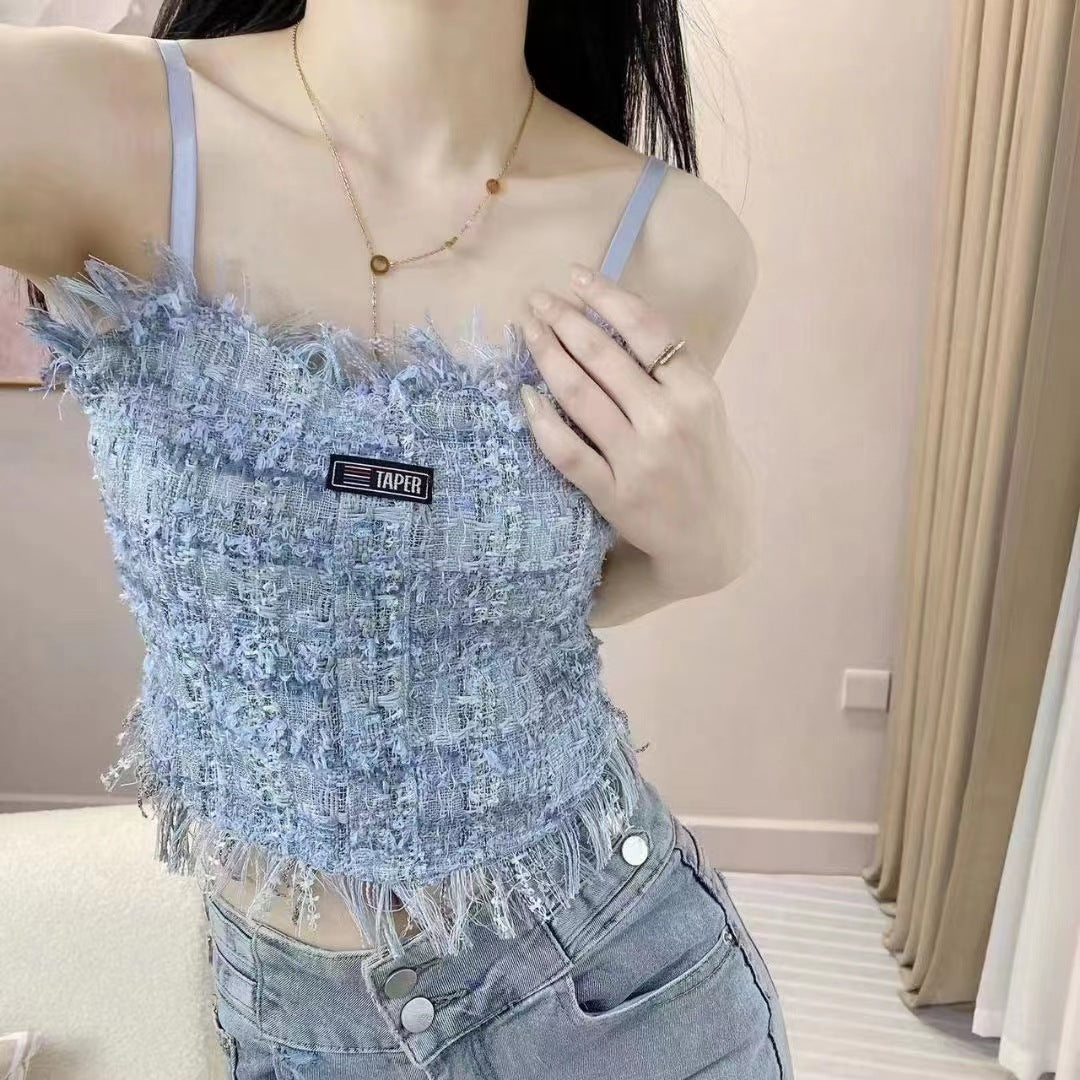 Tank Top Bra Slim Vest Plaid Tassel WUT2258