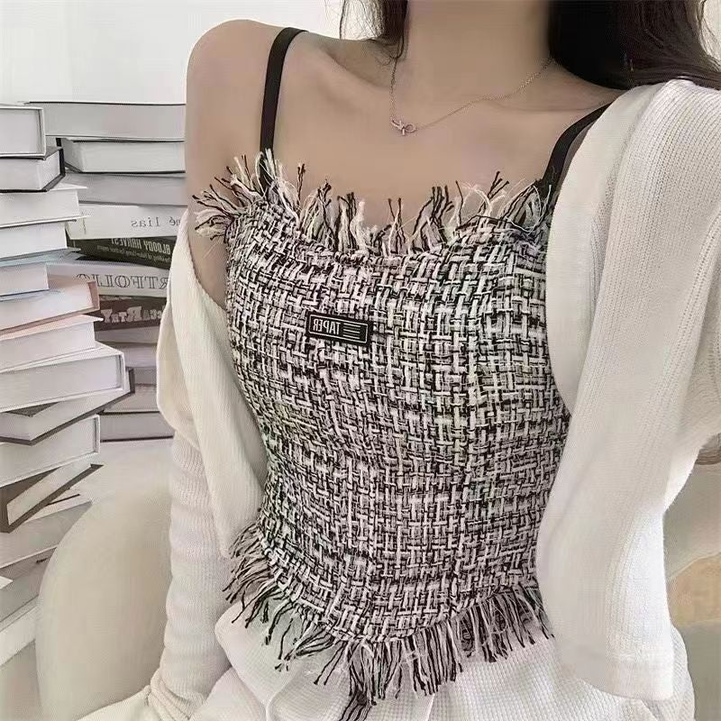 Tank Top Bra Slim Vest Plaid Tassel WUT2258
