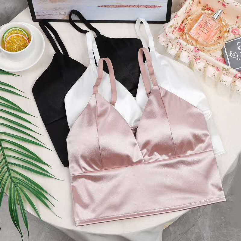 Tank Top Bra Satin V Neck Pleated Back WUT7232