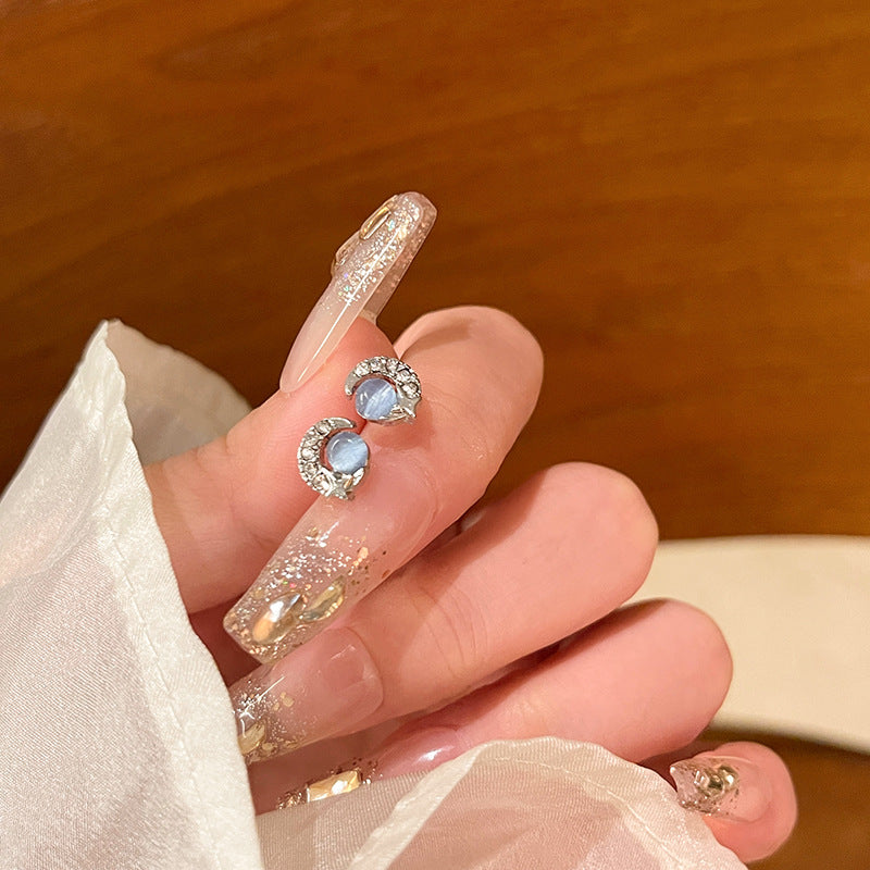 Earring High End Bow and Moon Blue Cat's Eye Stone XEA1462 XEA1463